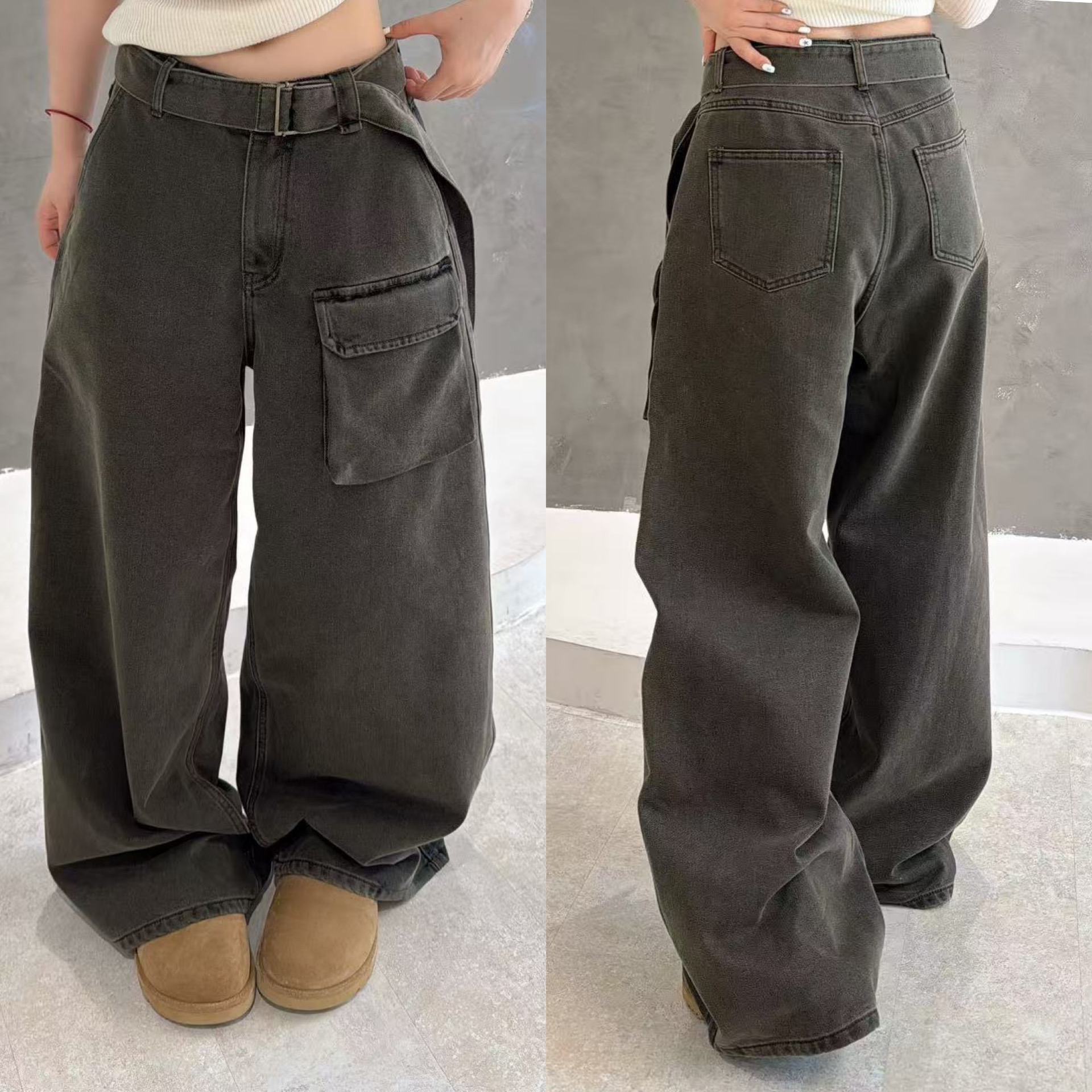 欧洲站2025秋冬新款高腰配腰带直筒立体大口袋工装美式牛仔裤长裤