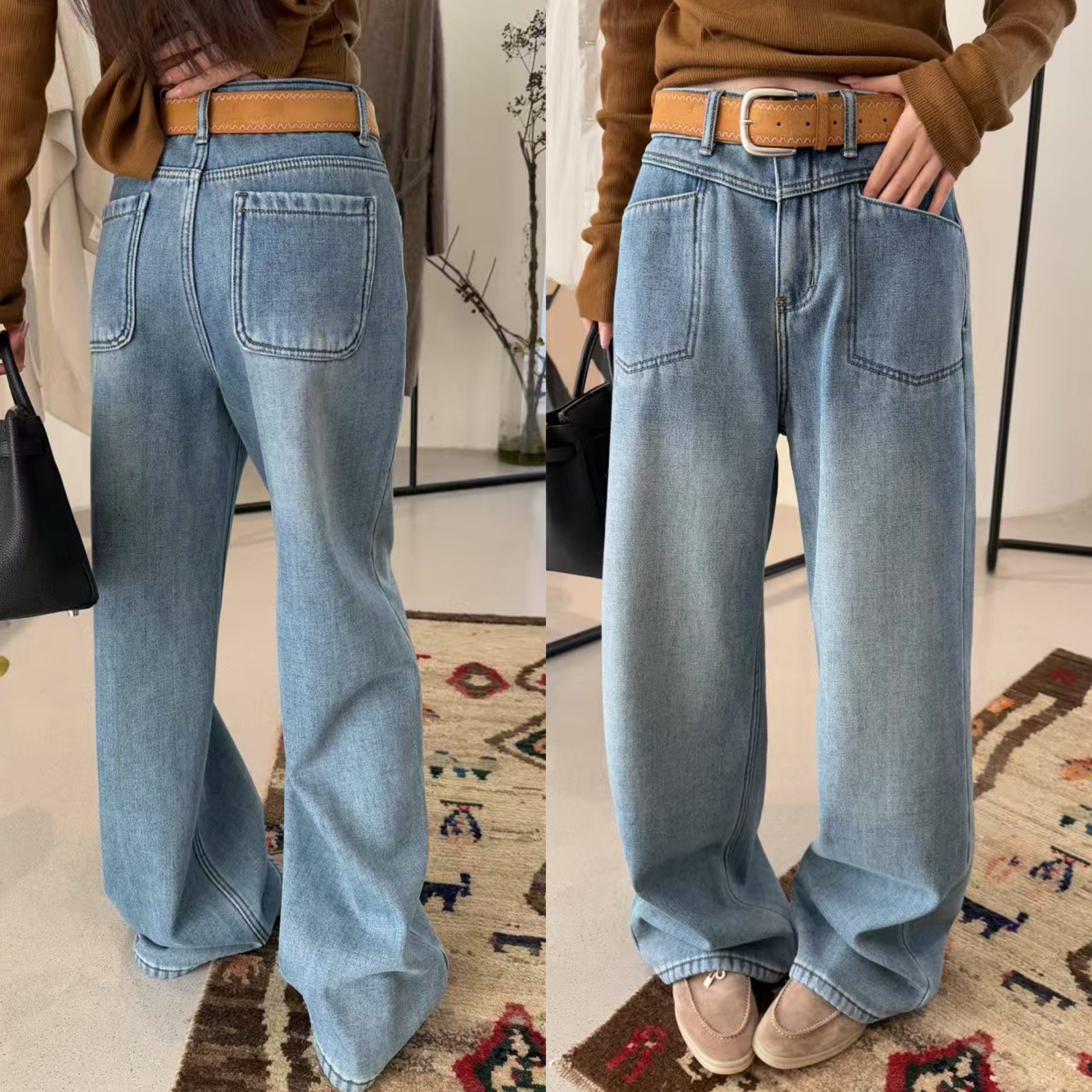 插口袋窄版直筒显瘦牛仔裤长裤