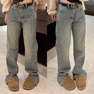 新款 长裤 高腰净版 显瘦牛仔腿精裤 女 纯色侧开叉窄版 欧洲站2025冬季