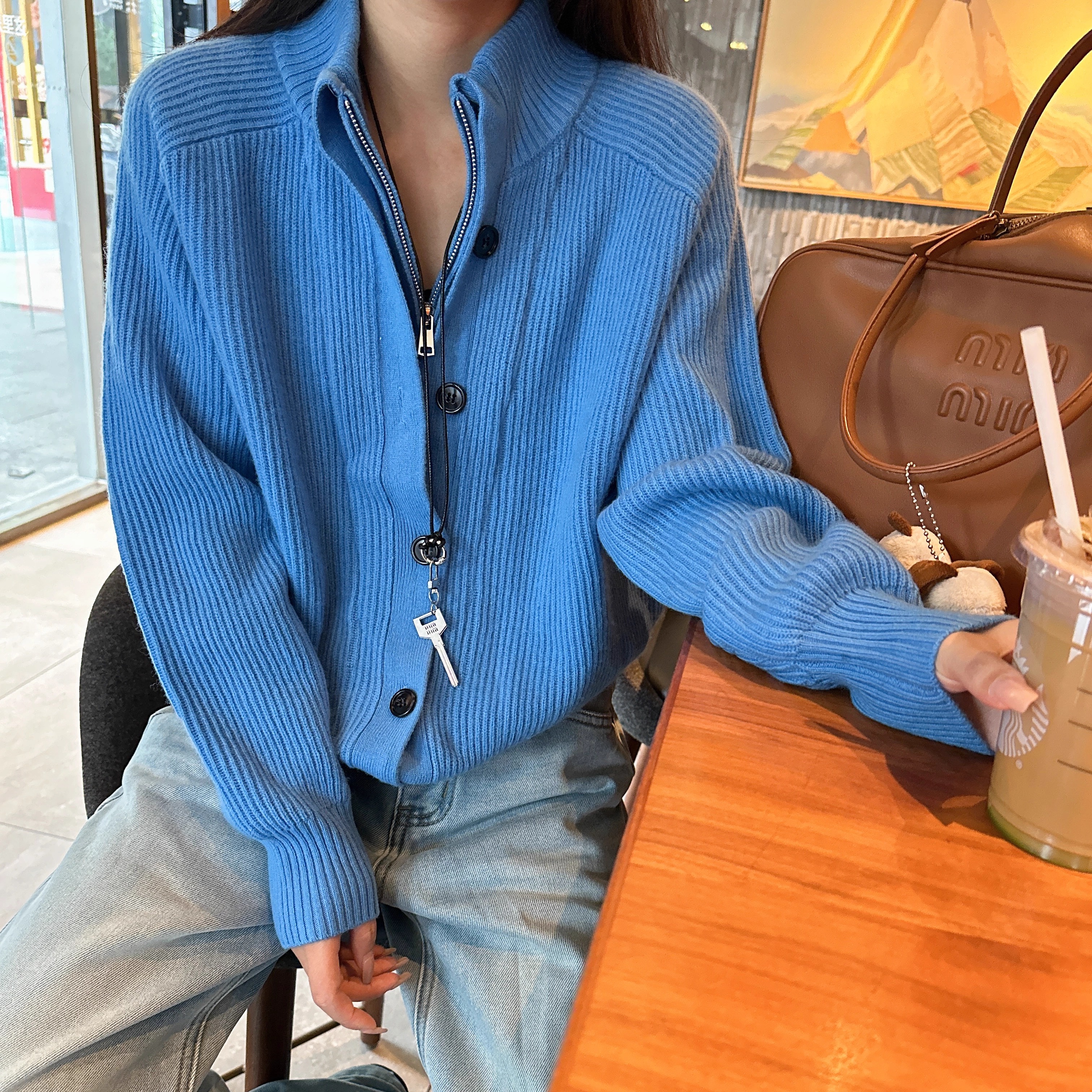 落肩假两件羊毛针织开衫毛衣