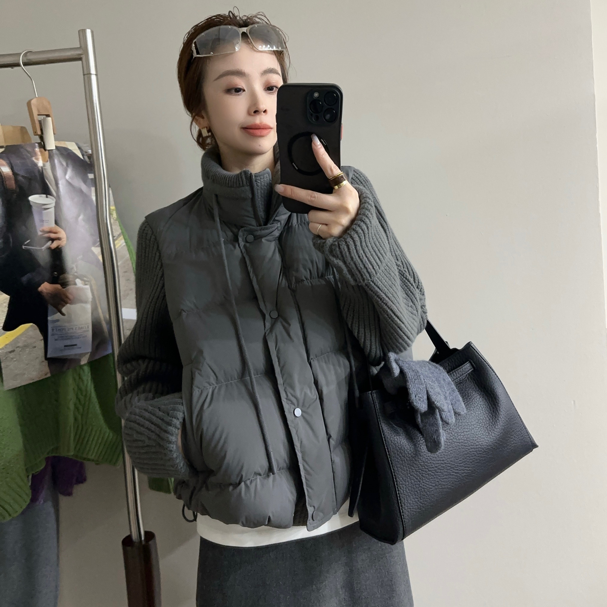 欧洲站2025冬季韩版立领抽绳袖子针织拼接羽绒服短款小个子外套潮