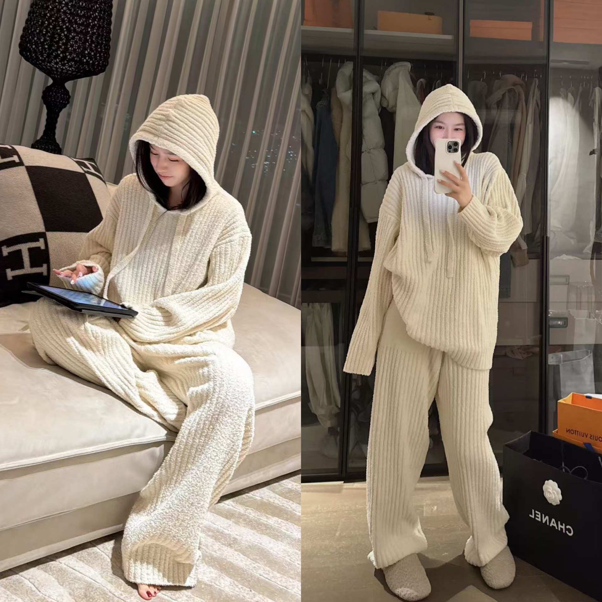 保暖奶油长袖坑条上衣长裤家居服