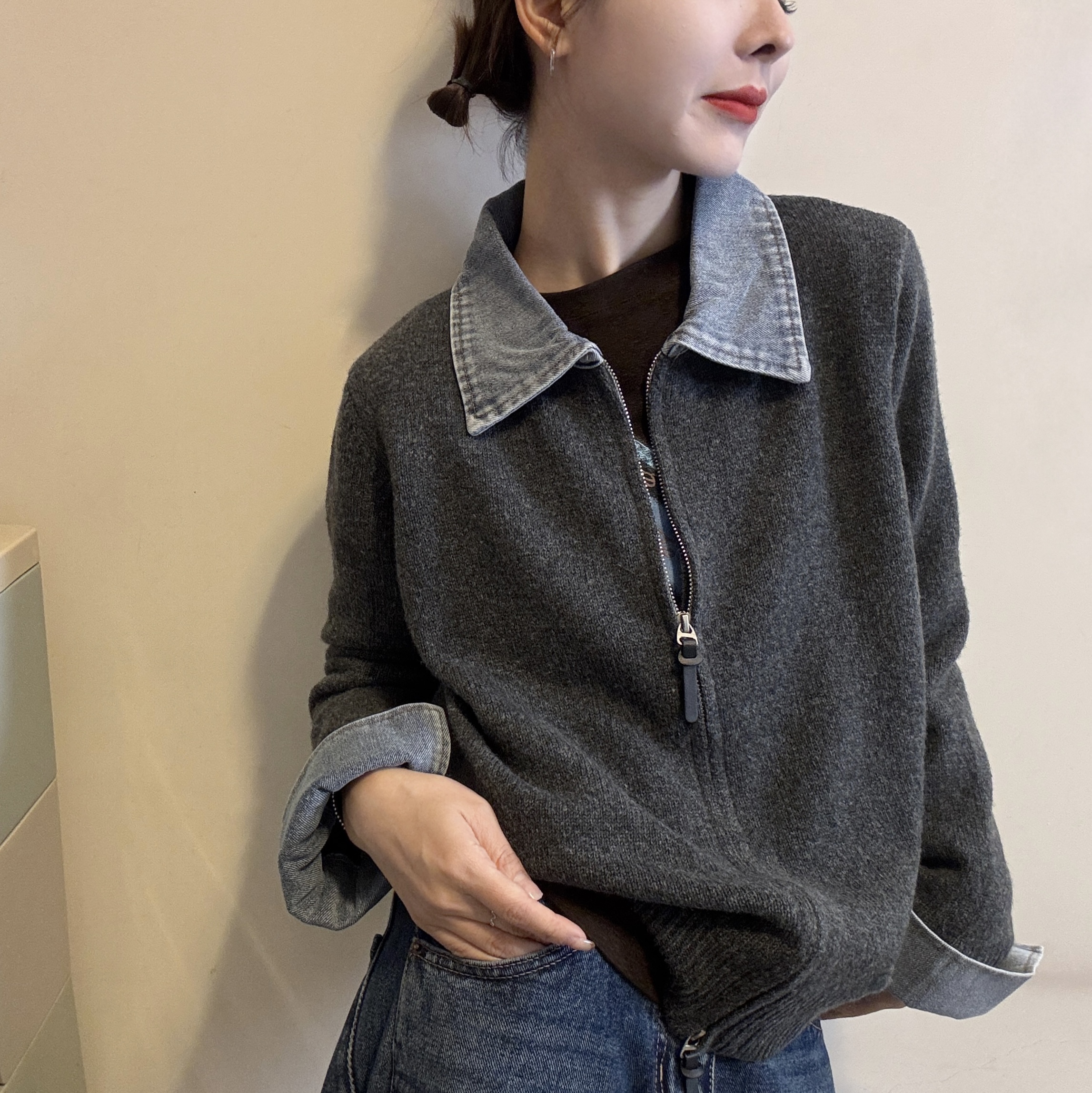 欧洲站2025冬季气质牛仔Polo领净版双拉链袖口翻边针织衫毛衣开衫