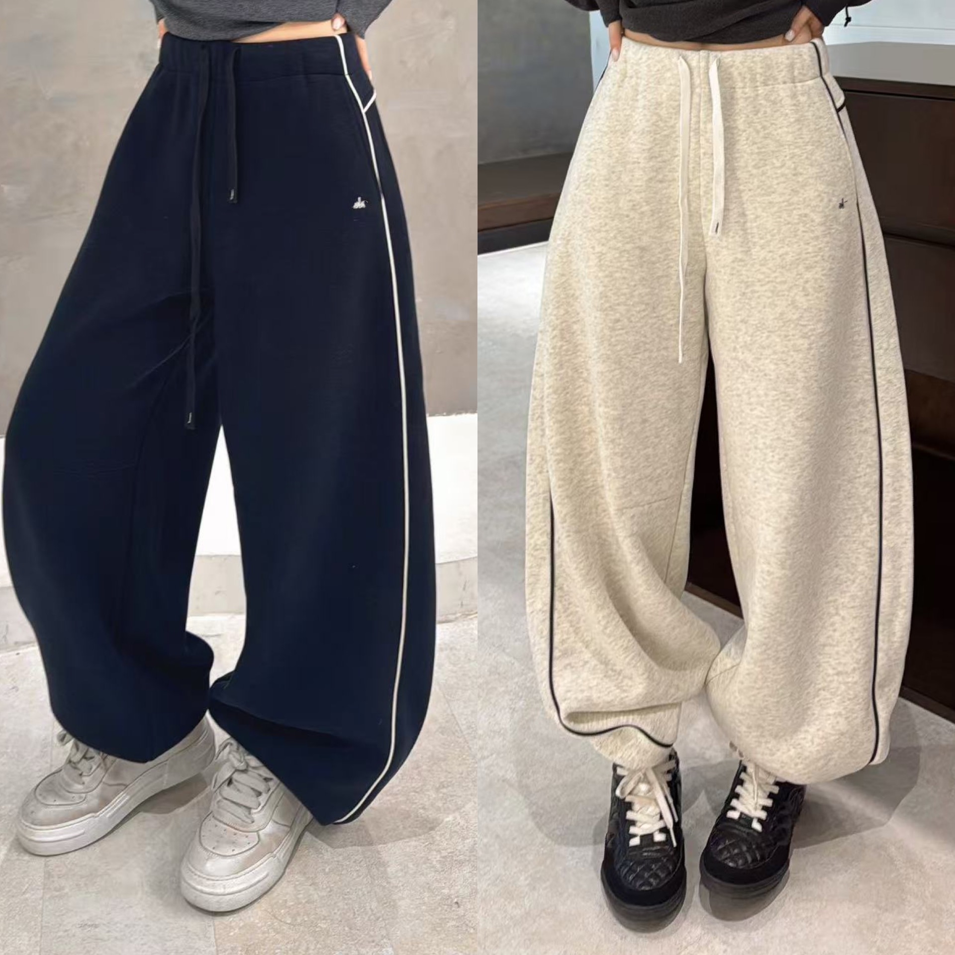 欧洲站2025冬季新款高腰抽绳侧明线字母刺绣慵懒加绒休闲裤卫裤潮