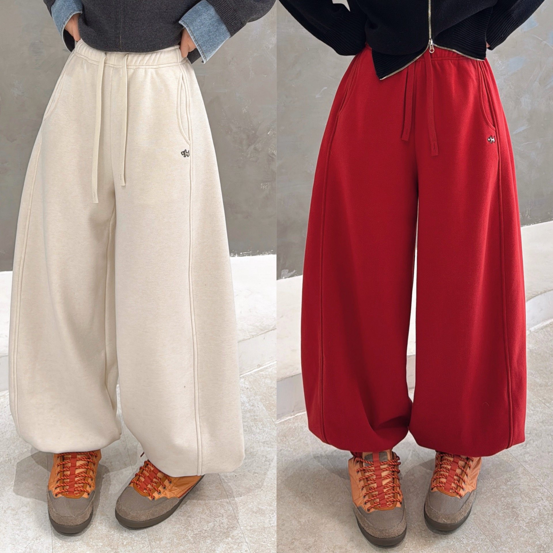 欧洲站2025冬季新款松紧腰抽绳圆弧口袋小狗刺绣休闲裤加绒卫裤潮