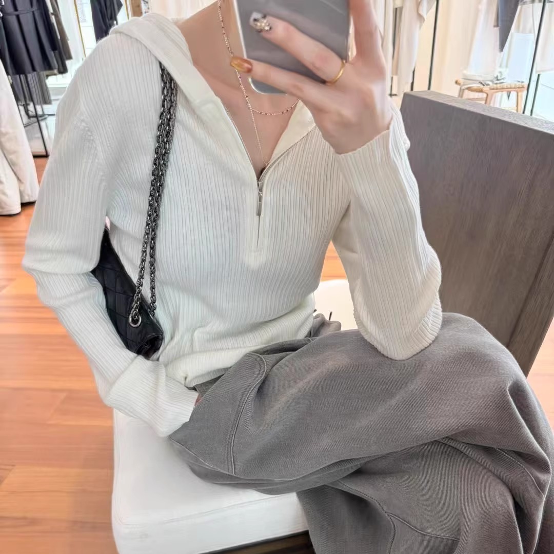 显瘦长袖羊毛针织帽衫上衣女