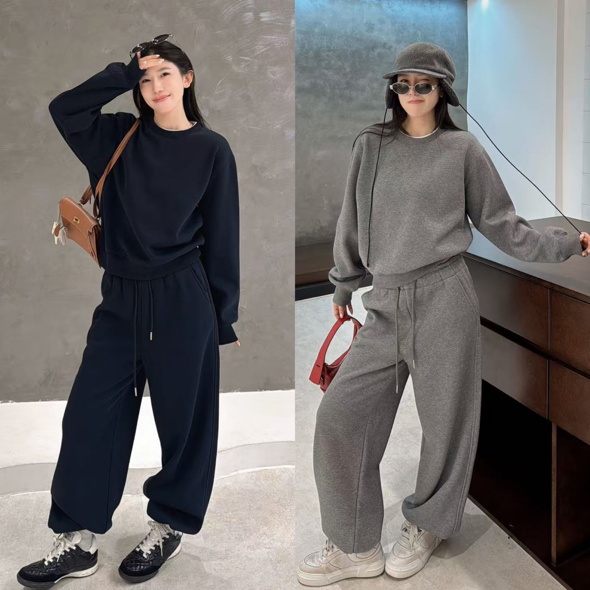 欧洲站2025冬季新款韩版时尚圆领净版极简风百搭加绒休闲运动套装