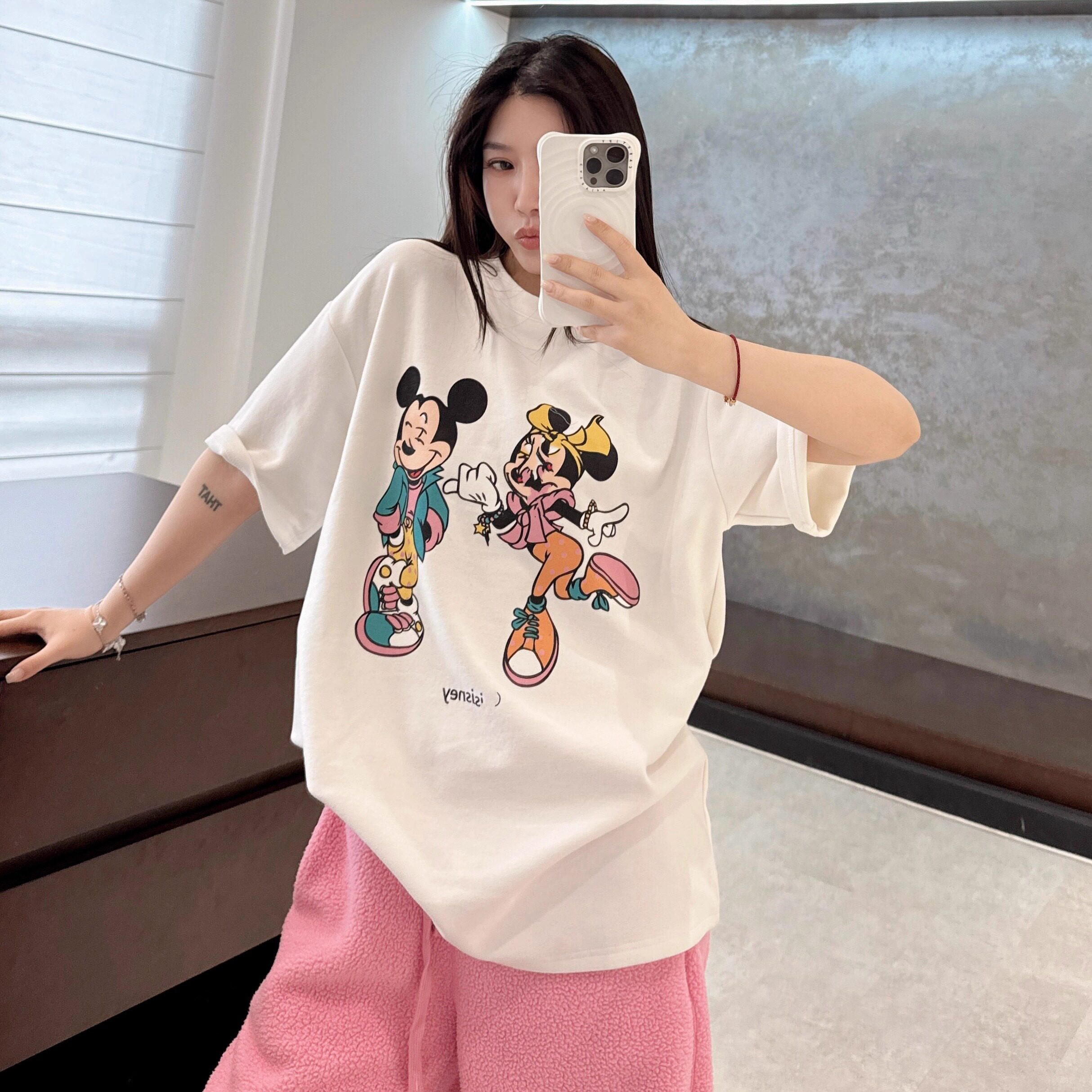 欧洲站2025冬季圆领落肩慵懒风卡通动物印花打底衫宽松短袖T恤潮