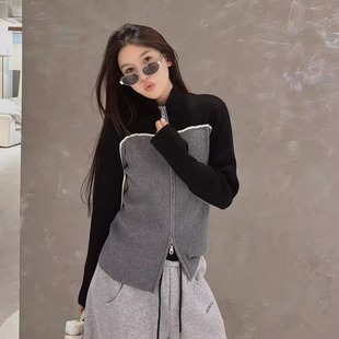 欧洲站2025冬季韩版时尚立领拼色双拉链细螺纹坑条羊毛针织衫开衫