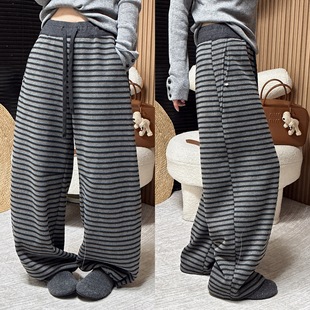 欧洲站2025冬季 高腰收腹侧边贝壳扣加厚一体绒显瘦慵懒条纹休闲裤