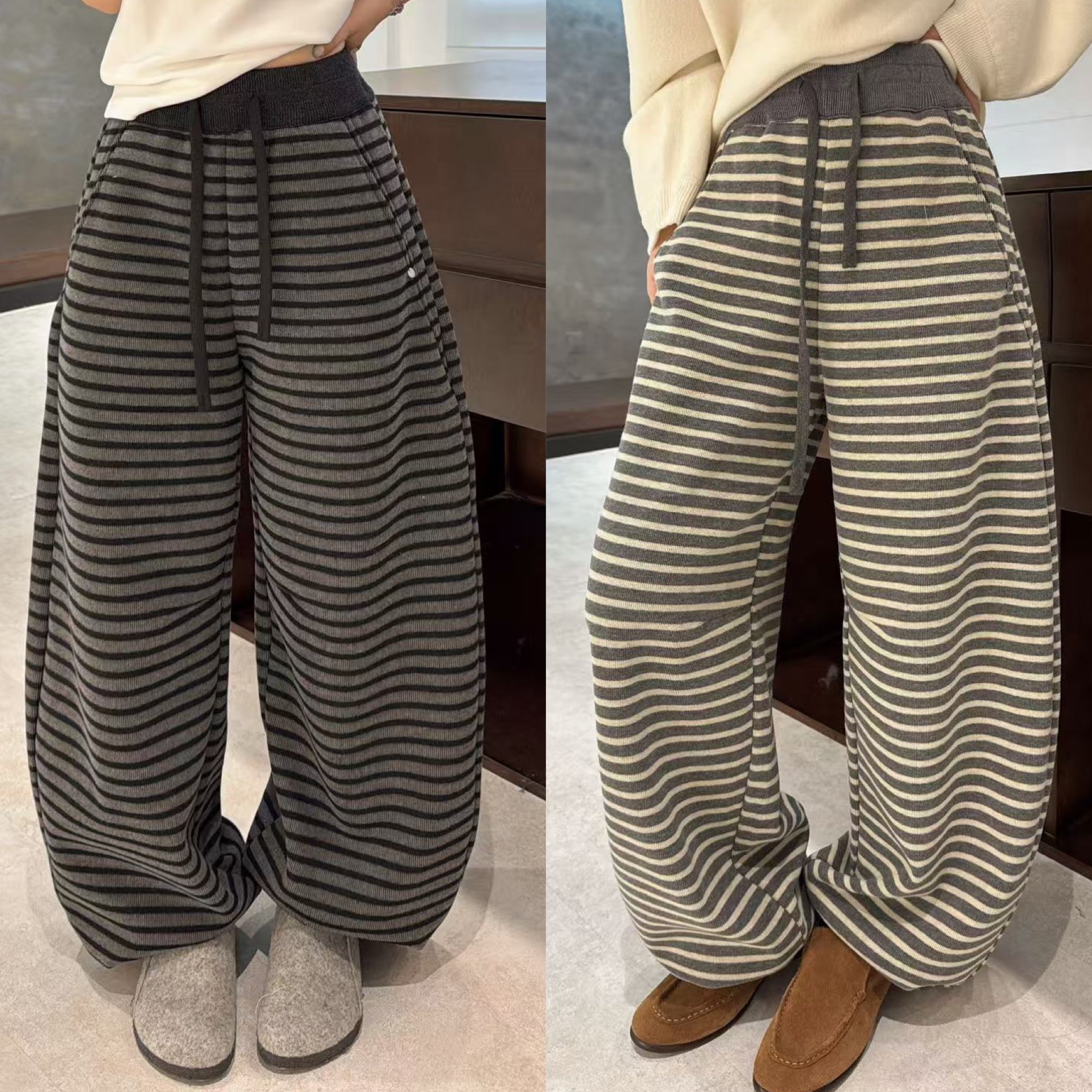 欧洲站2025冬季高腰抽绳阔腿慵懒风口袋贝壳扣设计条纹加绒休闲裤