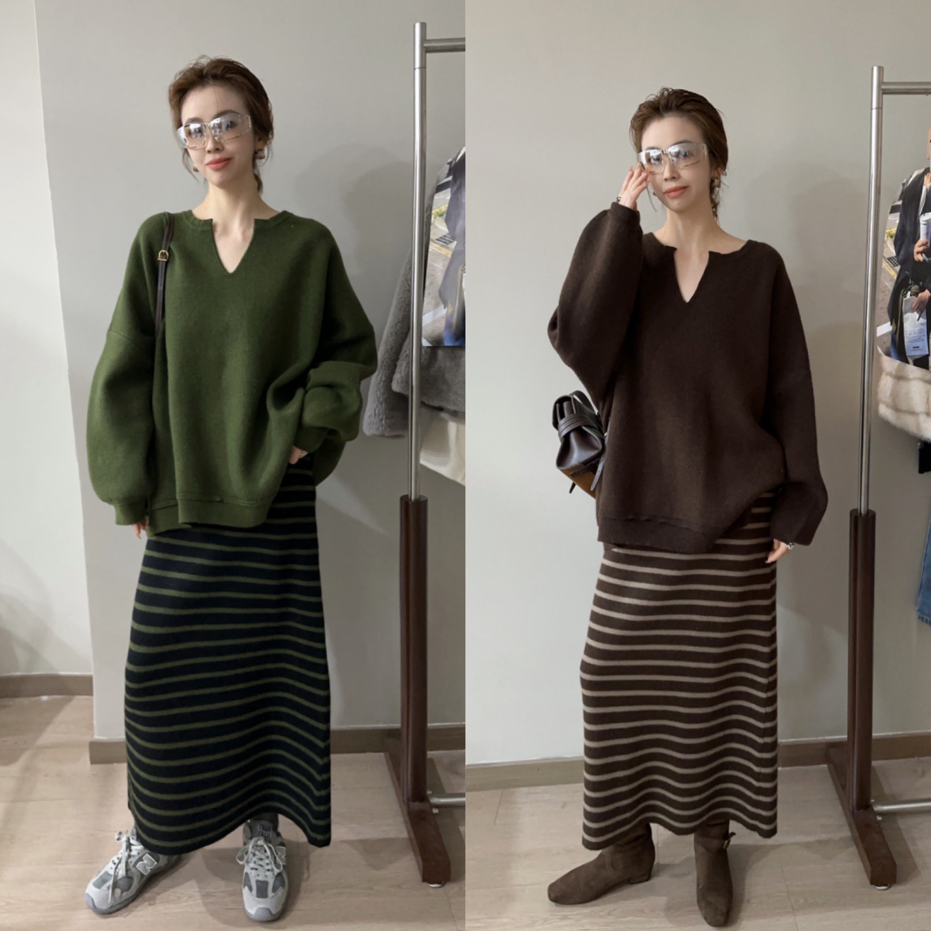 欧洲站2025冬季时尚慵懒剪刀领落肩加绒卫衣条纹针织半裙两件套裙