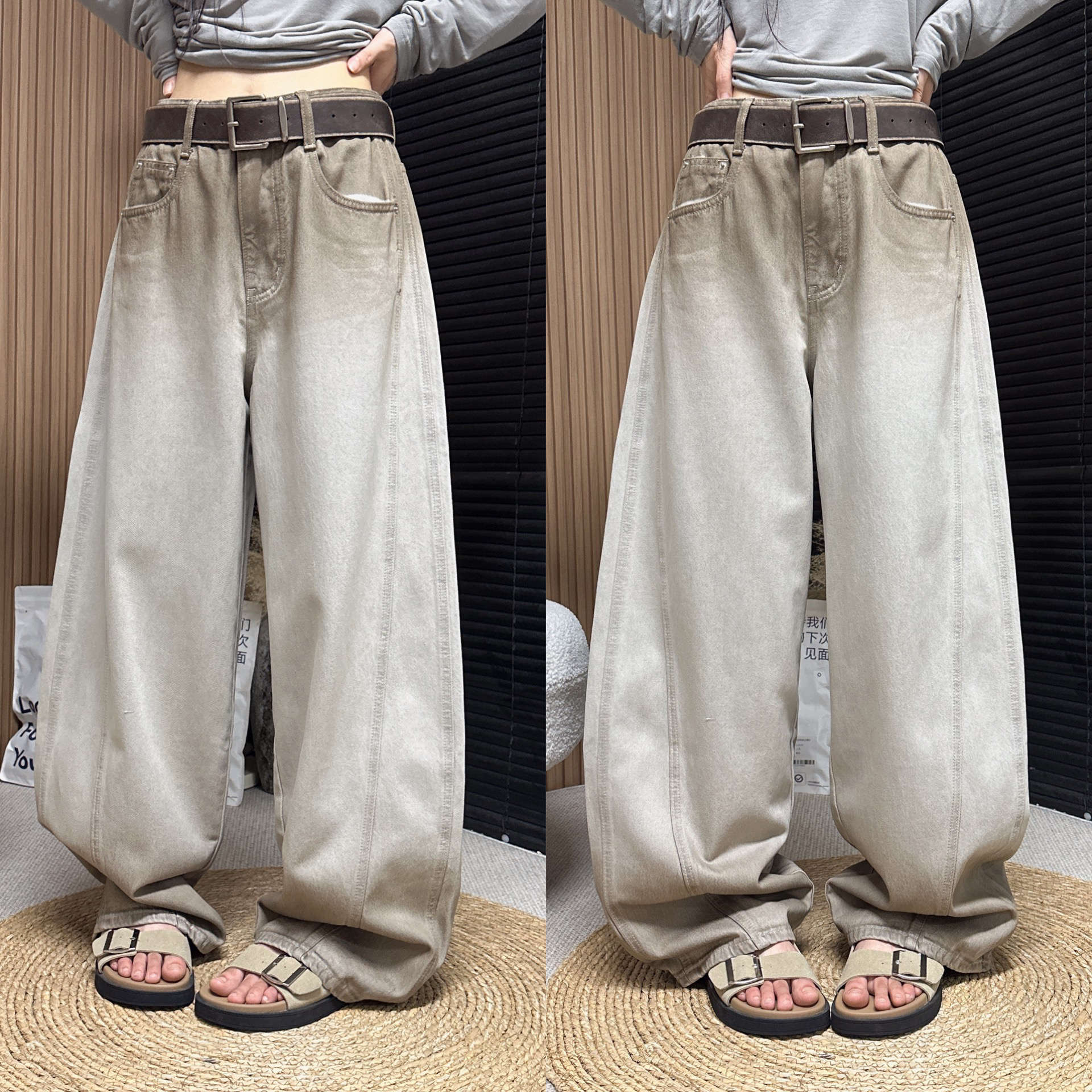 漸變色壓線牛仔彎刀褲拿鐵長褲