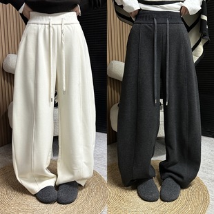 欧洲站2025冬季 加厚前压线慵懒风高腰收腹针织腰头抽绳羊毛休闲裤
