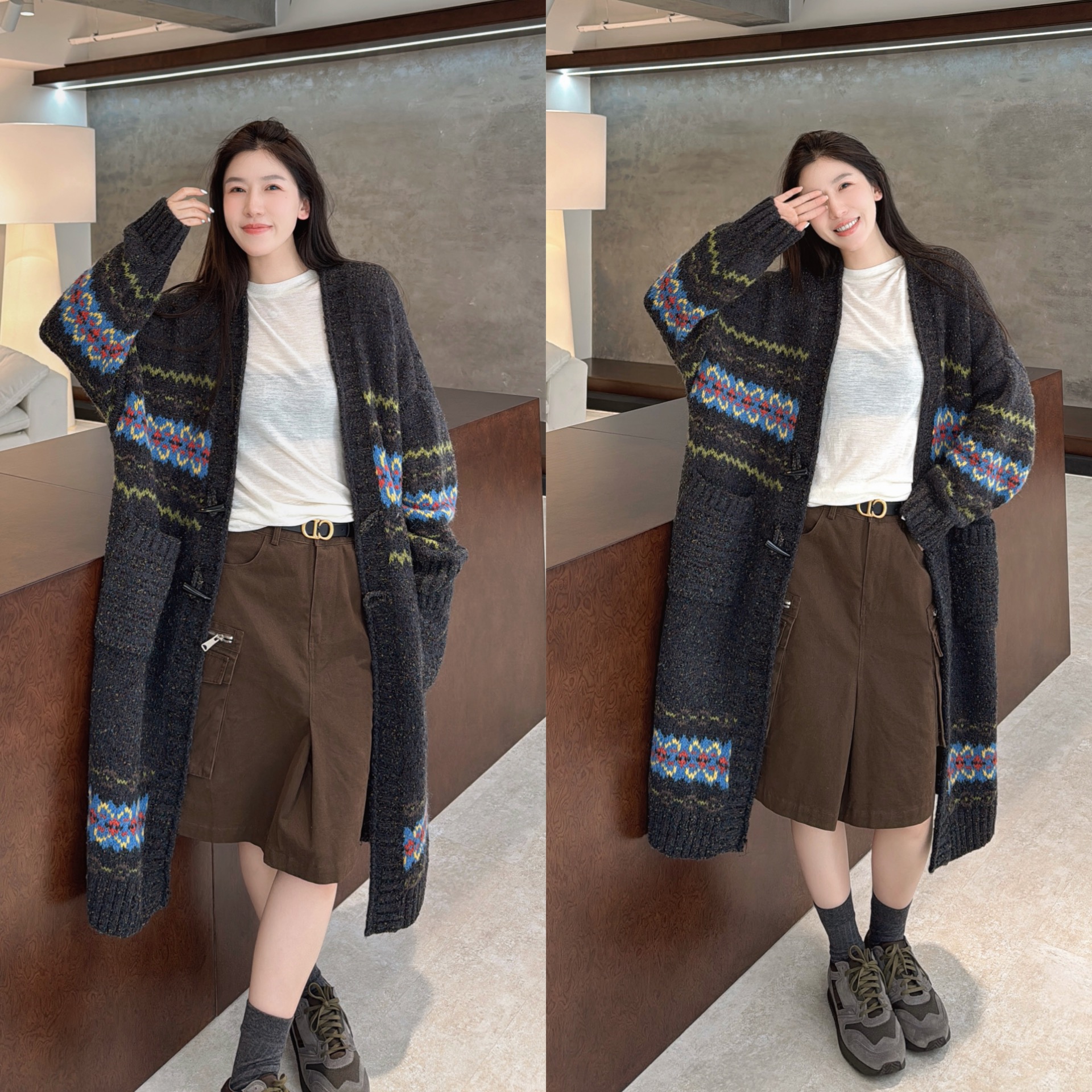 欧洲站2025秋季欧货V领落肩中长款复古提花羊毛针织衫牛角扣毛衣