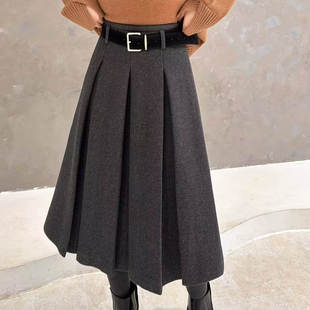 休闲半身裙气质女裙 褶皱A字版 欧洲站2025冬季 欧货高腰配腰带净版