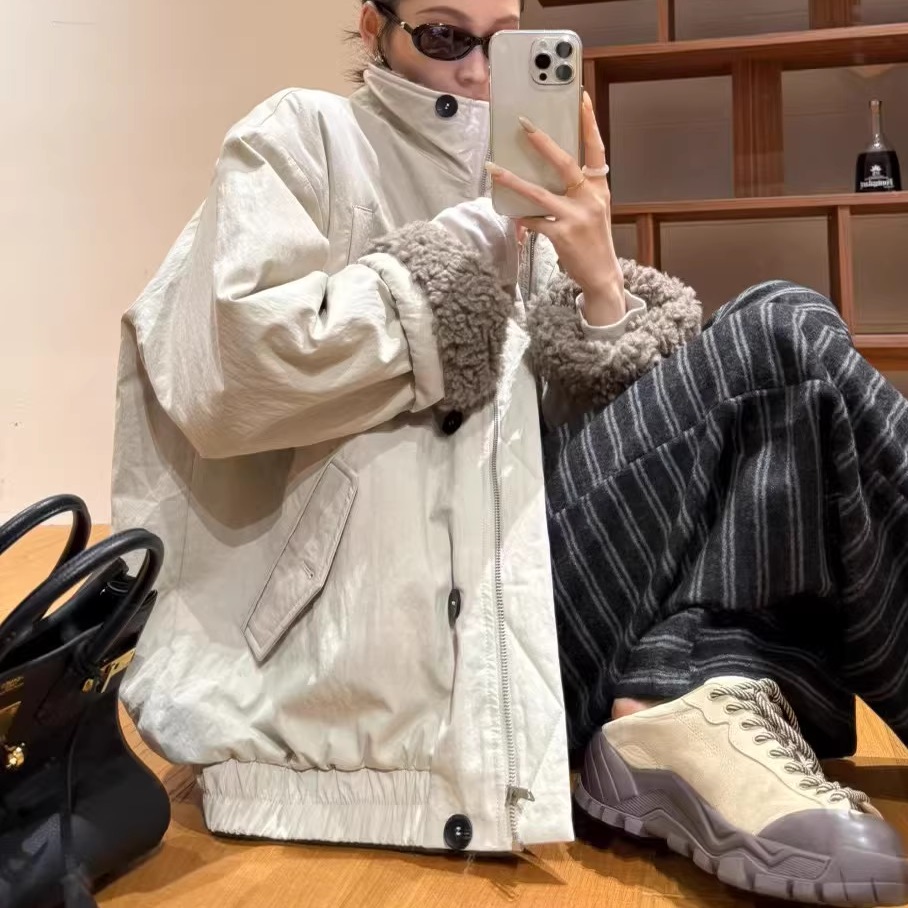 内里毛毛拼接落肩飞行服外套