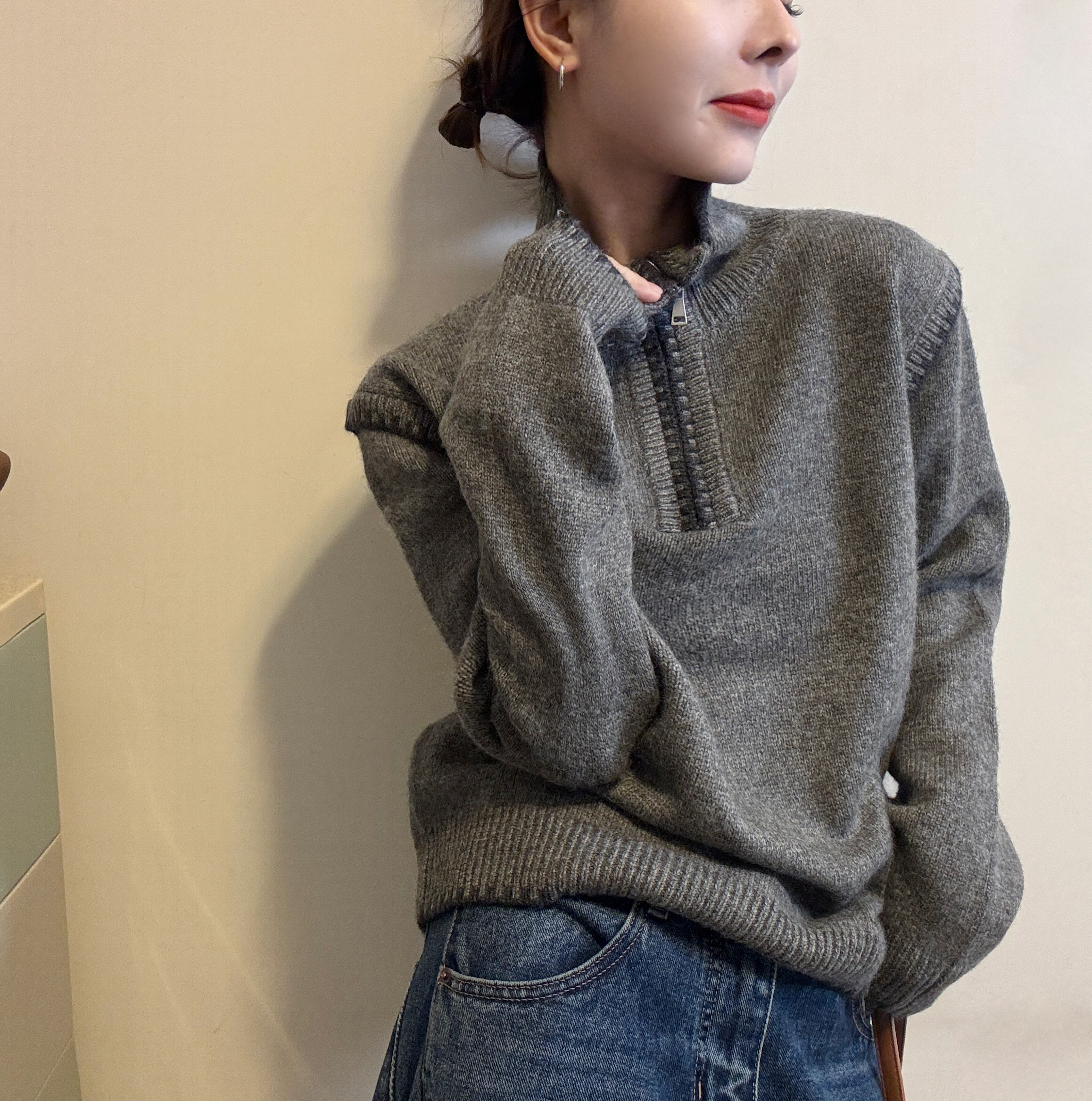 欧洲站2025冬季高领编织明线半拉链软糯时尚套头针织衫韩版毛衣女