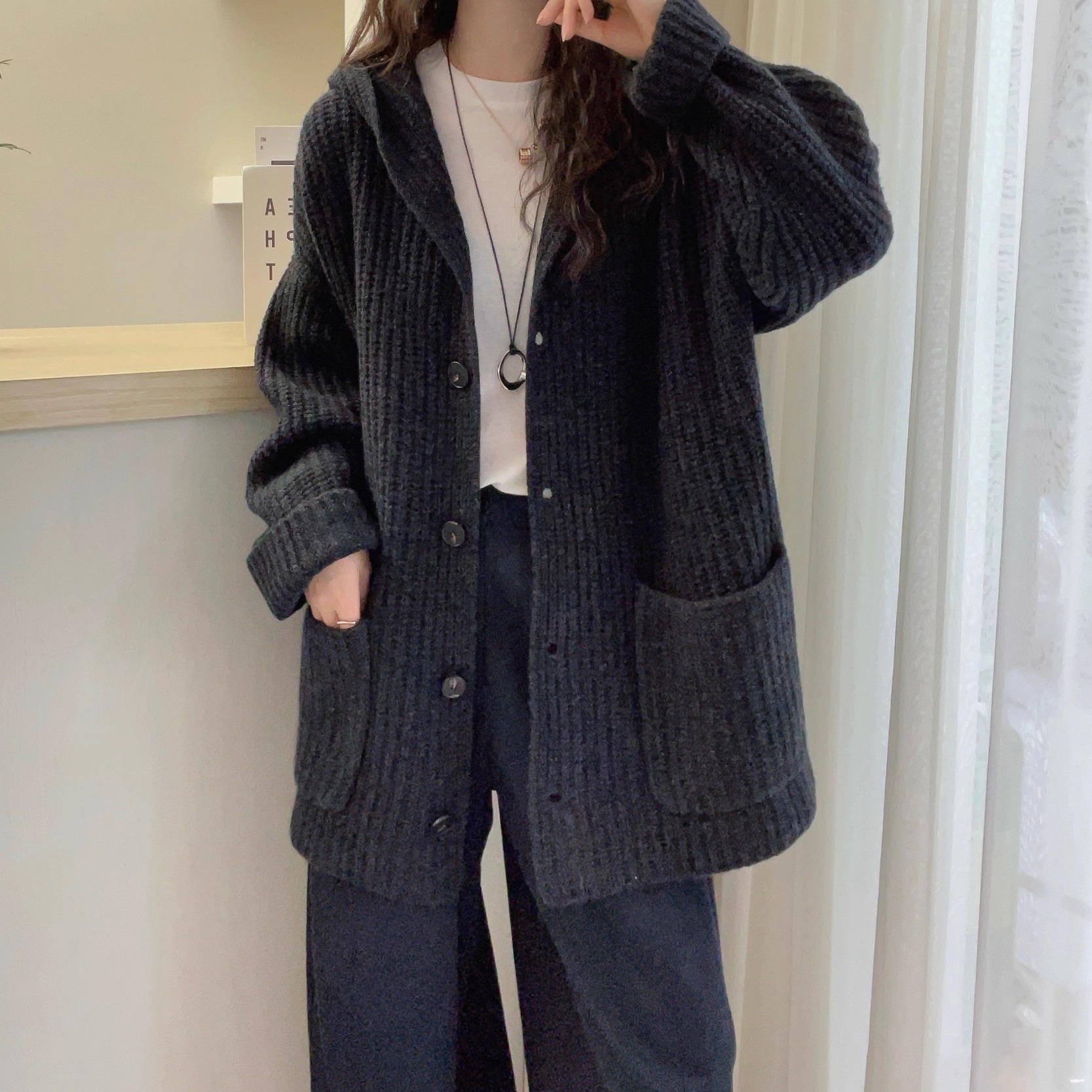 欧洲站2025秋冬新款欧货连帽单排扣竖坑条大口袋羊毛针织衫外套潮