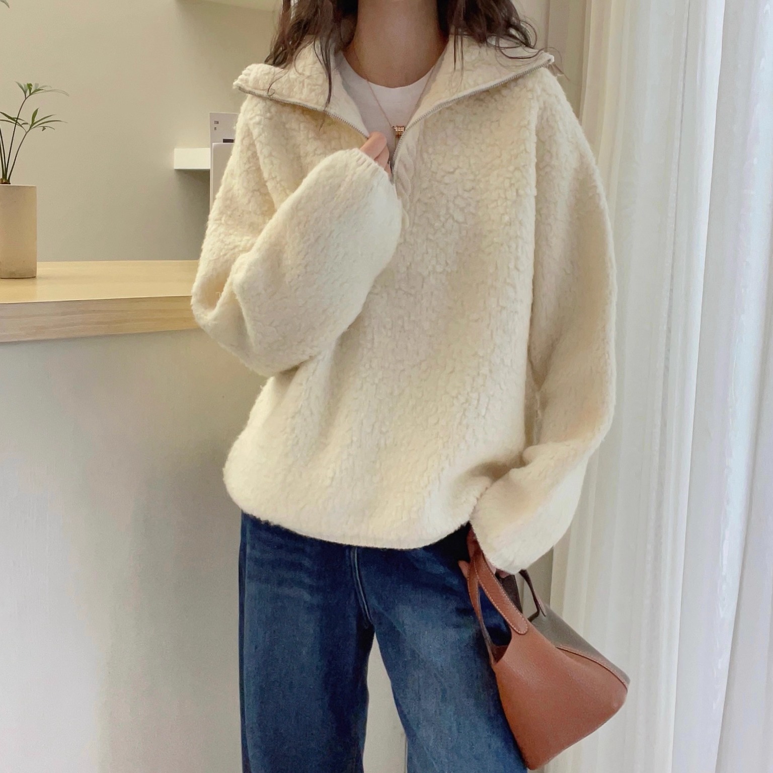 欧洲站2025秋冬时尚大翻领拉链设计加厚圈圈羊毛针织衫套头毛衣女