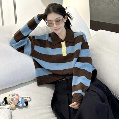 欧洲站2025秋季欧货POLO领拼色三粒扣短款条纹拼色羊毛针织衫毛衣