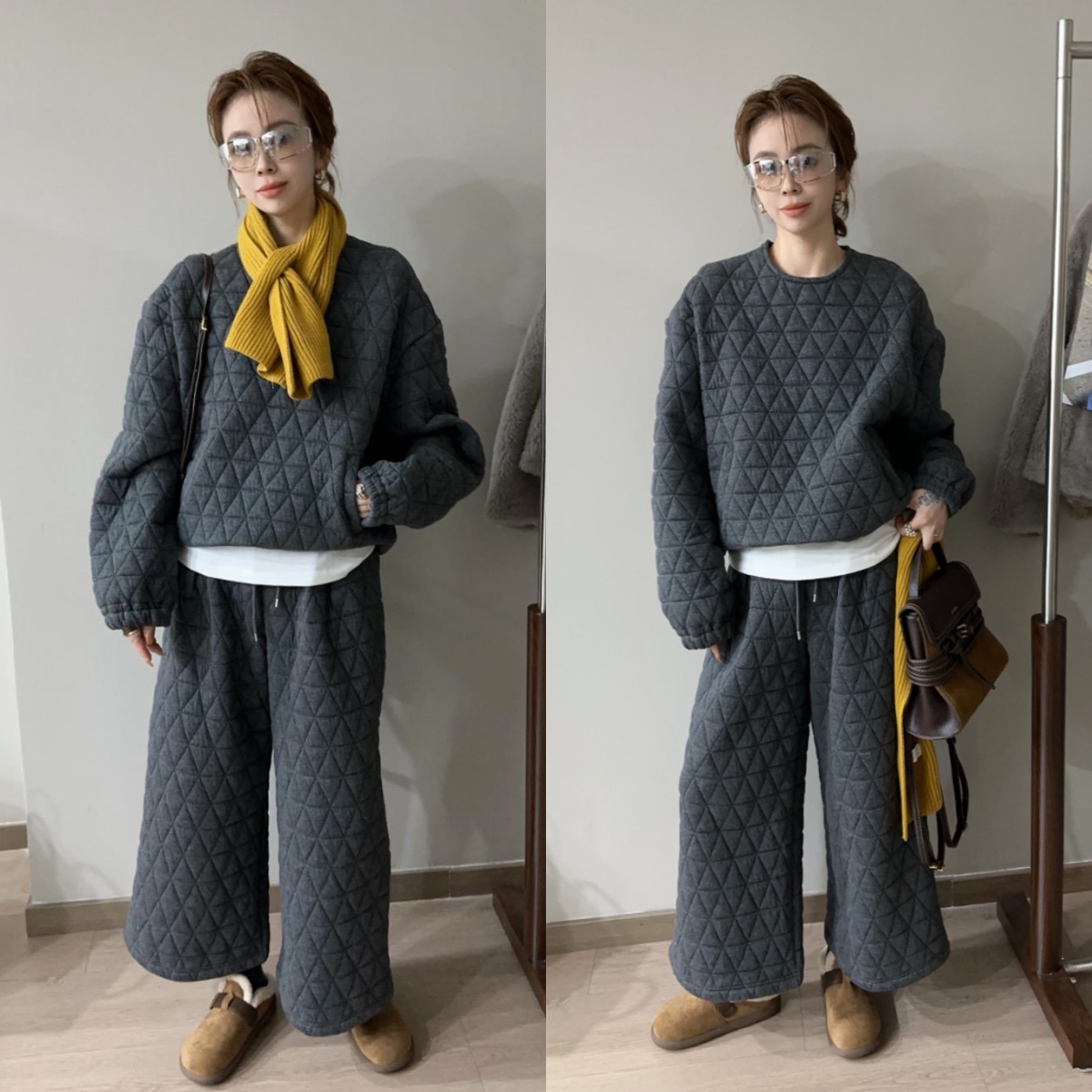 欧洲站2025冬季圆领纯色夹棉休闲八分裤配围巾小个子穿搭三件套潮