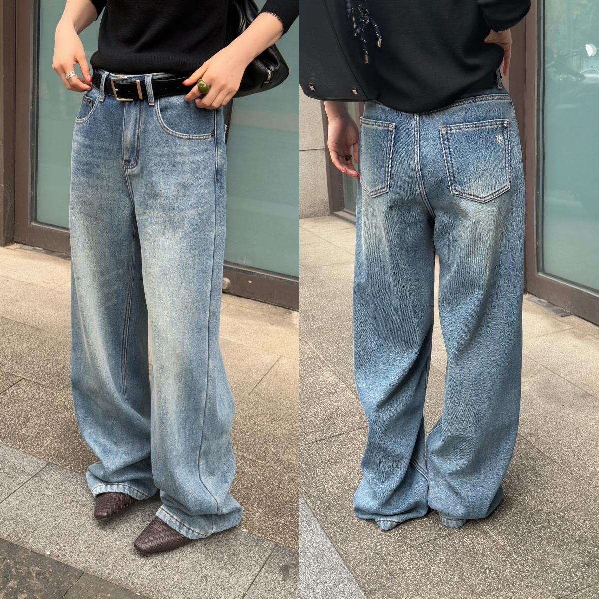 欧洲站2025冬季新款韩系百搭高腰直筒后口袋刺绣加绒牛仔裤长裤潮