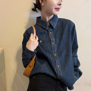 牛仔衬衫 气质翻领长袖 女刺绣单排扣复古上衣潮 韩版 欧洲站2025冬季