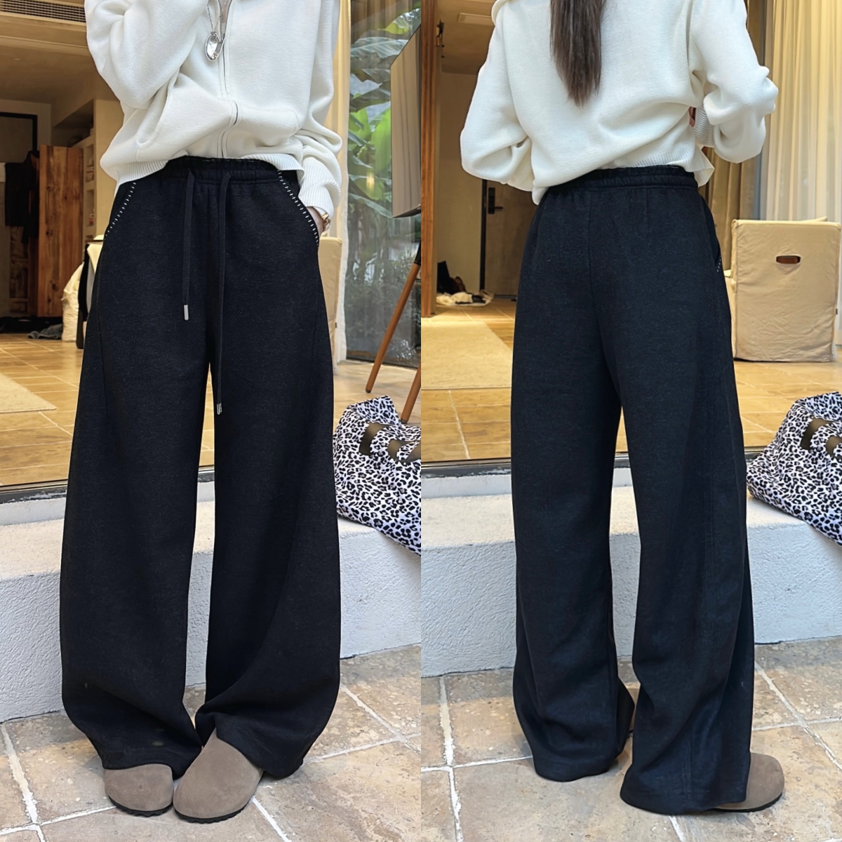 欧洲站2025秋冬新款松紧腰抽绳直筒简约设计感口袋明线休闲裤长裤