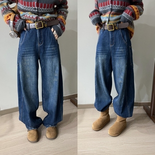 加绒长裤 欧洲站2025冬季 配腰带复古深蓝磨破侧压线牛仔裤 时尚 韩版