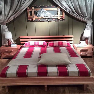 北欧艺术家具红胡桃实木双人床主卧婚床现代西部牛仔家具原木床