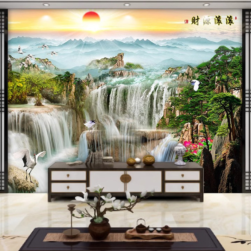 山水画墙贴流水生财风景画客厅装饰墙壁画电视背景墙自粘墙纸壁画