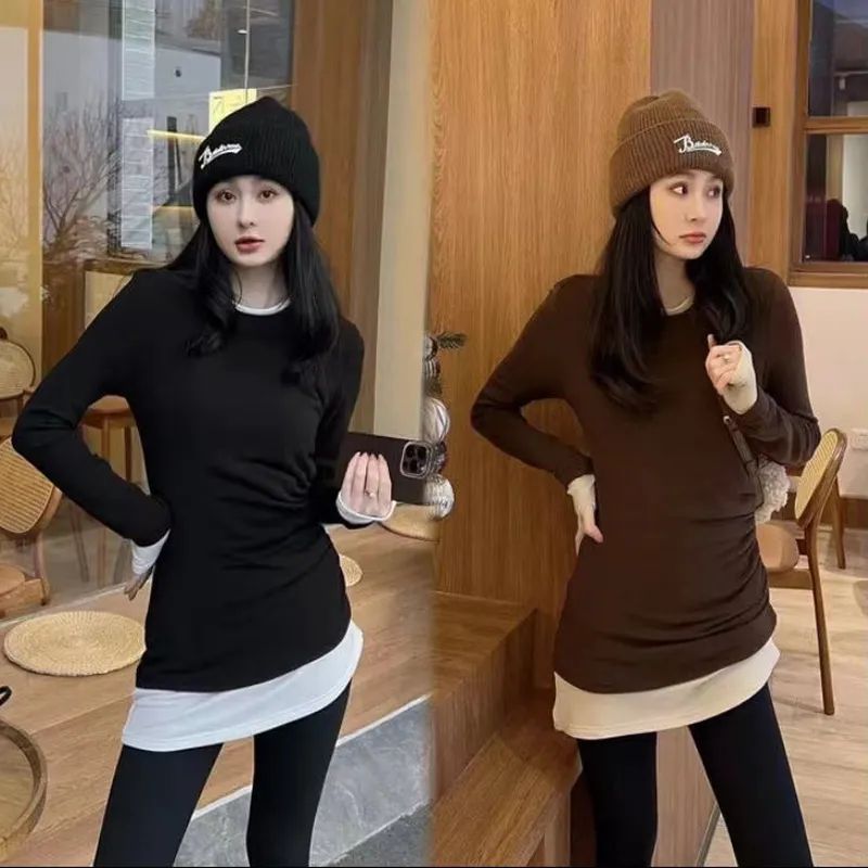 高级感抽褶撞色磨毛加厚内搭显瘦打底衫女秋冬季遮臀中长款T恤潮