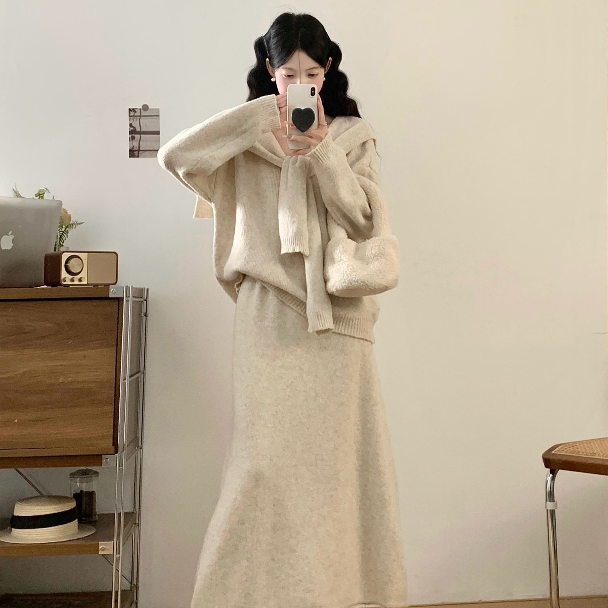 慵懒风软糯针织毛衣披肩半身裙三件套女秋冬大码气质显瘦套装裙子