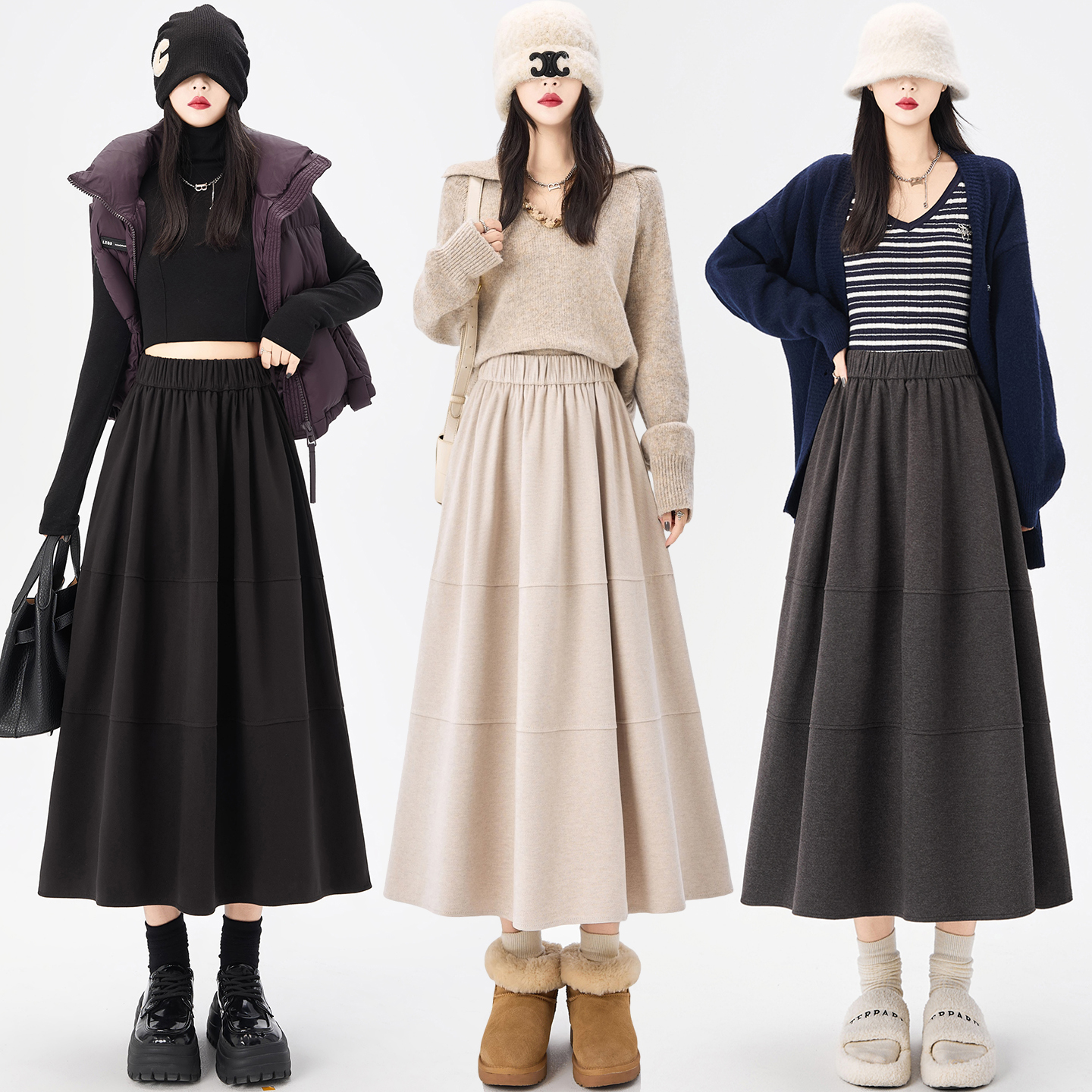 毛呢半身裙女2025秋冬新款松紧腰显瘦山本裙a字花苞蓬蓬伞裙