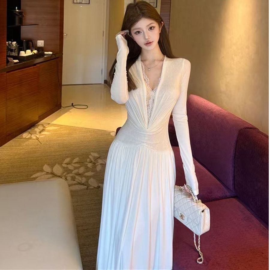 【原版面料】韩版通勤甜美V领蕾丝拼接长袖收腰连衣裙女2025秋季