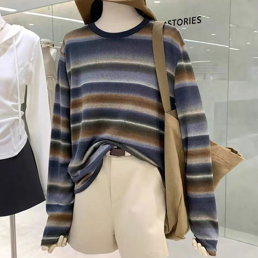 法国羊绒美式复古慵懒风渐变条纹长袖针织衫早秋宽松舒适百搭上衣