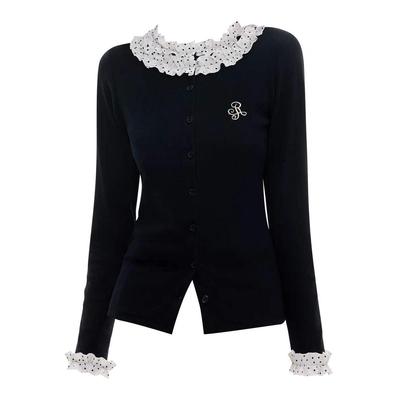 特价  【人棉随心裁260克】 美式复古黑色长袖t恤花边波点拼接上