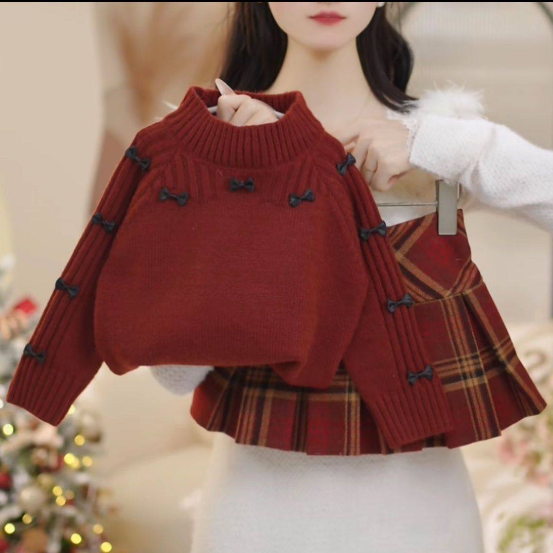 ABC女童秋冬套装2025冬季新款加厚红色年服毛衣毛呢小香风格子裙,童装/婴儿装/亲子装,儿童运动套装,淘宝优惠券,粉丝福利购,淘宝优惠卷