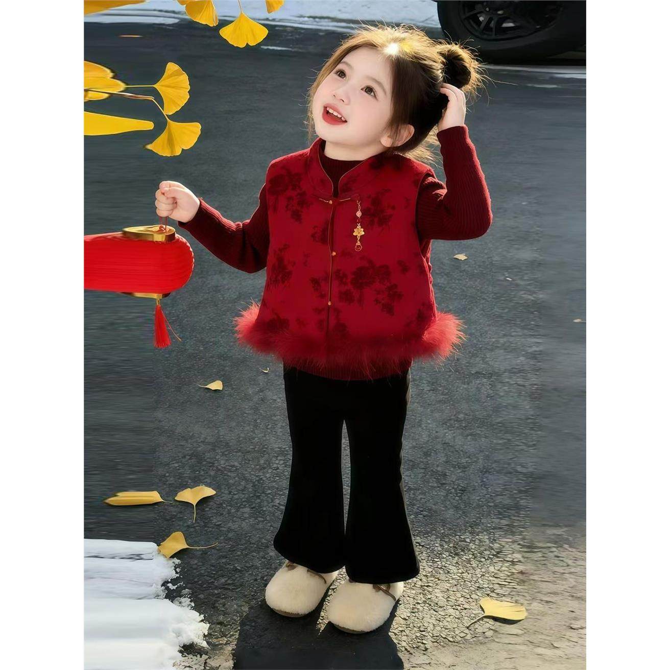 ABC新中式女童2025冬季新年战袍红色提花旗袍马甲小女孩国风立领,童装/婴儿装/亲子装,儿童运动套装,淘宝优惠券,粉丝福利购,淘宝优惠卷
