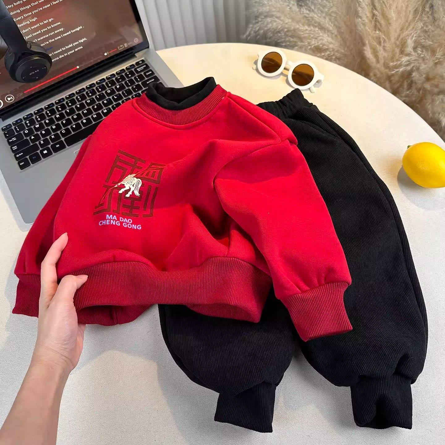 ABC儿童拜年服套装男童冬装红色加绒卫衣两件套宝宝马年喜庆过年,童装/婴儿装/亲子装,儿童运动套装,淘宝优惠券,粉丝福利购,淘宝优惠卷