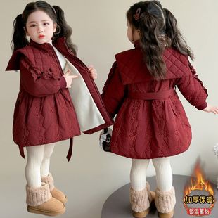 ABC女童冬季安格拉红棉衣外套新款小女孩冬装棉袄加绒保暖中长款