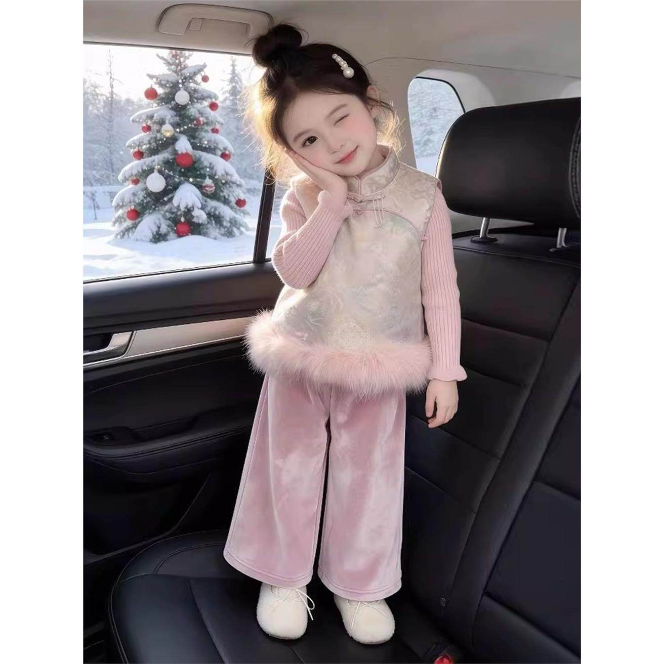 ABC新中式女童2025冬季新款粉色锦缎提花立领旗袍马甲女孩丝绒阔,童装/婴儿装/亲子装,儿童运动套装,淘宝优惠券,粉丝福利购,淘宝优惠卷