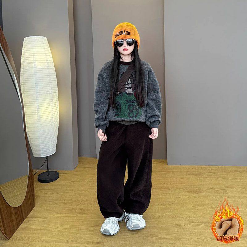 ABC女童2025新款个性秋冬季印花加绒毛妮卫衣加绒阔腿休闲裤两件,童装/婴儿装/亲子装,儿童运动套装,淘宝优惠券,粉丝福利购,淘宝优惠卷