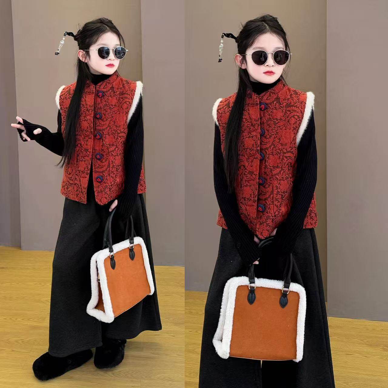 ABC女童冬季新中式国风红色盘扣加厚马甲套装洋气儿童加绒阔腿裤,童装/婴儿装/亲子装,儿童运动套装,淘宝优惠券,粉丝福利购,淘宝优惠卷