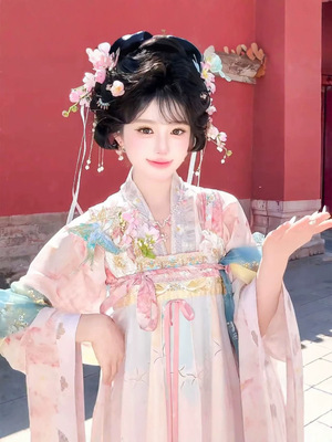 【昭樱】原创新款粉色幻彩刺绣齐胸裙晕染交领衫唐汉服女妆造长款
