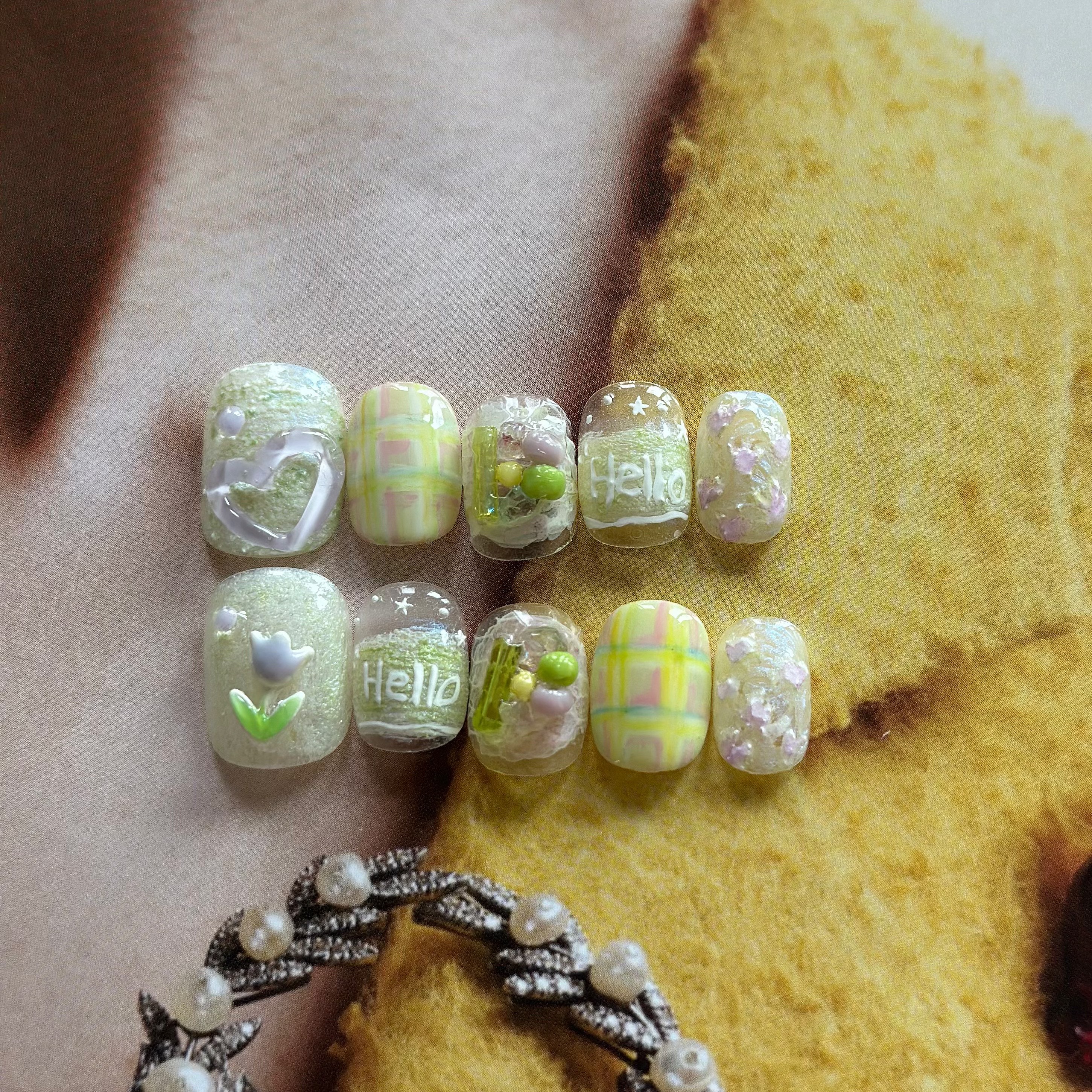 春夏新款绿色系穿戴甲定制短甲