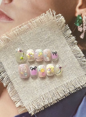 YJ纯手工穿戴甲日常美甲小众设计紫色系小清新韩式短款假指甲片