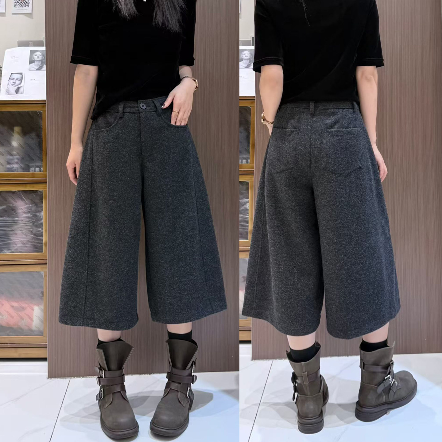 桐桐佳秋冬毛呢厚料六分阔腿裤女