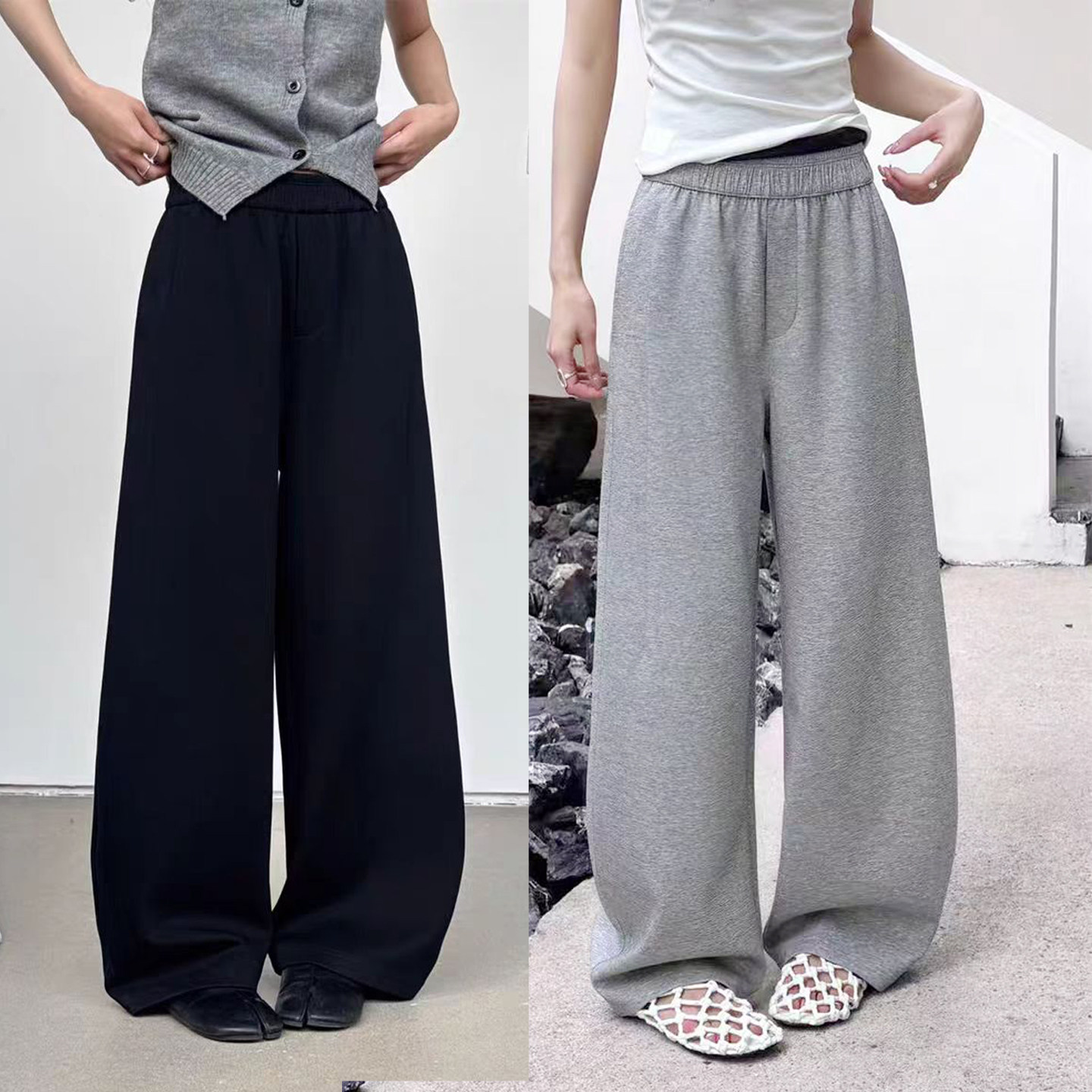 桐桐佳~春款弹力休闲弯刀裤女高腰大码窄版阔腿裤拖地裤简谜26016